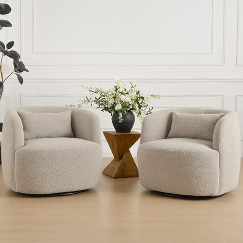 KINWELL 34" W Sherpa Swivel Barrel Chairs with Pillow Set of 2, Taupe Grey