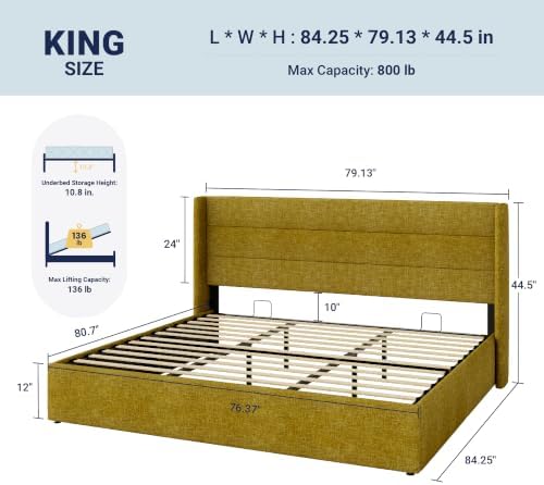 Allewie King Size Lift Up Hydraulic Storage Bed Frame Olive Yellow
