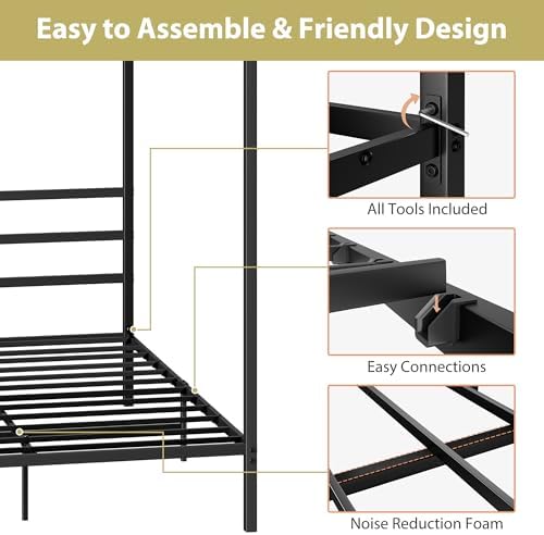 SUPER DEAL Full Size Metal Canopy Bed Frame, Built-in Headboard Sturdy Slatted Structure Four Poster Platform Mattress Foundation, No Box Spring Needed Easy Assembly, Black