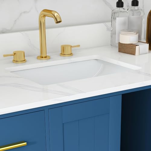 Montary 42" Bathroom Vanity with Sink & 43" Carrara Quartz Top | with 3 Pre-Drilled Faucet Holes, Solid Wood Cabinet, Soft-Close Double Doors & 9 Smooth-Glide Drawers,Blue
