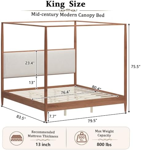 Merax King 4-Poster Wood Canopy Bed with Boucle Headboard, Walnut