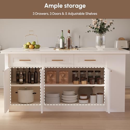 homary 72" Modern Kitchen Island with Storage, White Marble-Effect Engineered Wood Top, Modern Kitchen Table for Dining Room