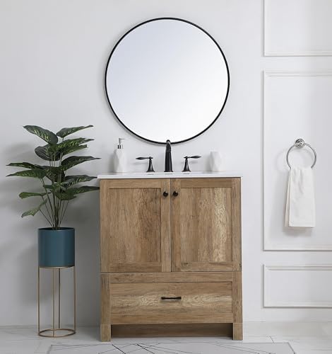 30" Pre-Assembled Bathroom Vanity with Sink, Engineered Wood, Ivory White Engineered Marble Countertop Attached, Single Rectangle Porcelain Sink, 1 Soft-Close Drawers, Natural Oak