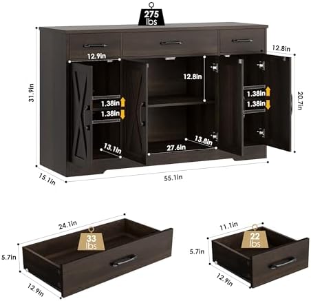 HOSTACK Kitchen Buffet Sideboard Storage Cabinet, Coffee Bar Cabinet, Brown