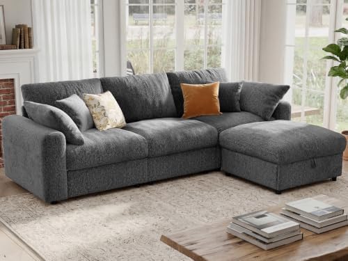 Ihanherry Cloud Sectional Couches for Living Room, 110" Large Modular Sectional Sofa with Wide Deep Seat, L Shaped Couch with Throw Pillow and Storage Ottoman, Dark Grey