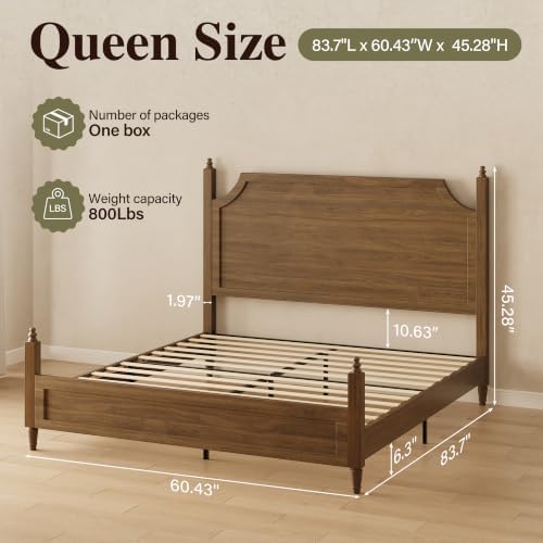 Belffin Wood Queen Size Bed Frame with Vintage Curved Headboard, Brown