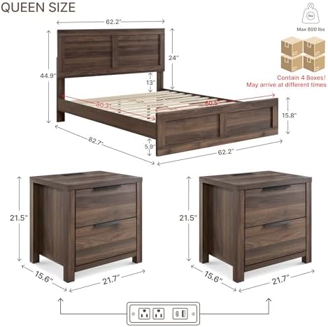 KISLOT 3-Piece Bedroom Set, Bed Frame & 2 Nightstands, Walnut, Queen
