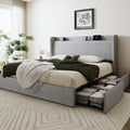 SHA CERLIN King Size Storage Bed Frame with 4 Oversized Drawers, Modern Wingback Headboard with Storage Shelf & Charging Station, No Box Spring Needed, Easy Assembly, Grey
