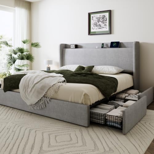 SHA CERLIN King Size Storage Bed Frame with 4 Oversized Drawers, Modern Wingback Headboard with Storage Shelf & Charging Station, No Box Spring Needed, Easy Assembly, Grey