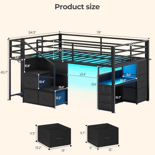 BTHFST Low Loft Bed Twin with Stairs, Desk, 6 Storage Drawers, Black