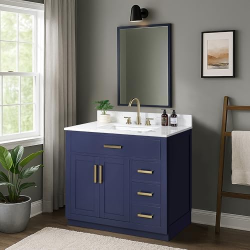 36-inch Bathroom Vanity with Sink, Solid Wood, 0.79-inch Stone Countertop and Backsplash, 4 Drawers, 2 Soft Closing Doors -Royal Blue