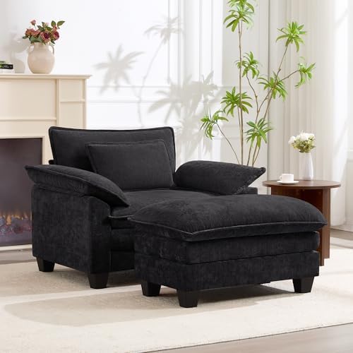 Oversized Accent Chair with Ottoman,44" Chenille Cloud Sofa Chair with Deep Seat,Upholstered Armchair with Extra Thick,Modern Comfy Reading Chairs for Living Room Bedroom Apartment Black