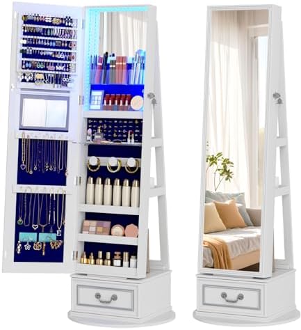 Vlsrka Mirror Jewelry Cabinet Standing with Lights, Lockable, Swivel, White | Standing Jewelry Armoire with Full Length Mirror, Large Jewelry Organizer Storage with Foldable Makeup Shelf, 3 LED Lights