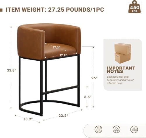 26" H Counter Height Bar Stools Set of 3, Modern Barrel Counter Stools with Backrest and Arms, Faux Leather Upholstered Accent Barstools for Kitchen Island,Support 450 LBS (Walnut Brown