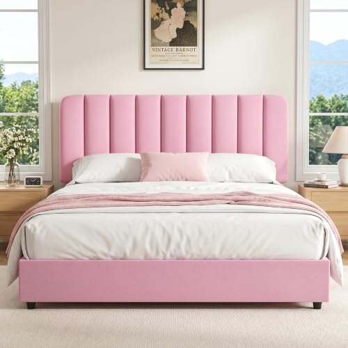VECELO Full Size Upholstered Bed Frame with 4 Drawers and Headboard, Velvet Platform Storage Bedframe, Wooden Slats Support, No Box Spring Needed,Pink