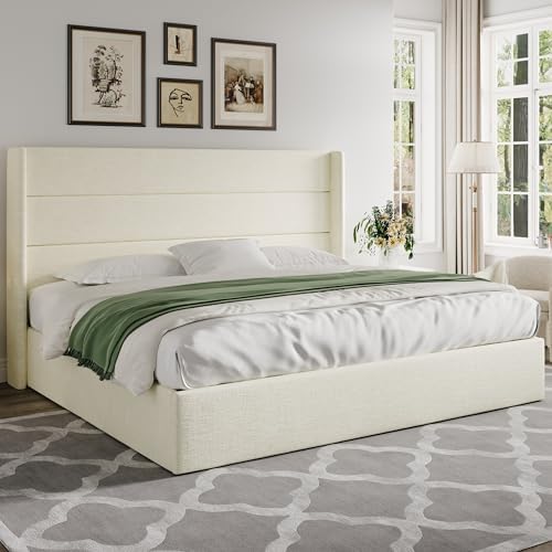 Allewie King Size Chenille Lift Up Hydraulic Storage Bed Frame Cream White