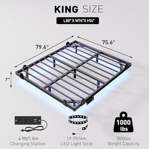 qimamo Floating King Bed Frame, 7 Inch Metal Platform Bed with Smart LED Lights & Charging Station, Easy Assembly, No Box Spring Needed