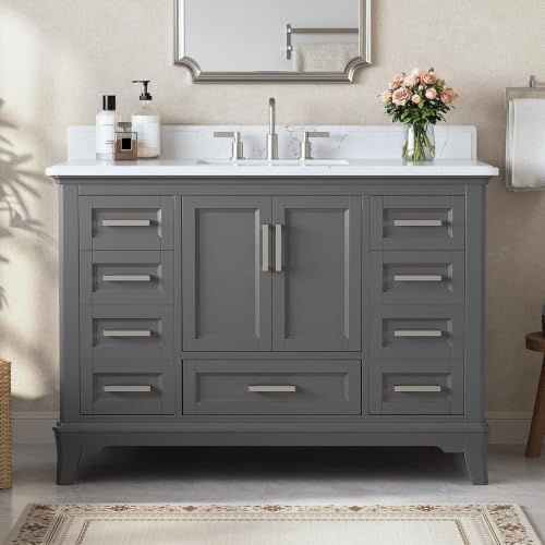 48 Inch Fully Assembled Bathroom Vanity with Sink, Grey | Modern Solid Wood Freestanding Bathroom Vanity Set, Quartz Top & Backsplash, Soft-Close Doors, Dovetail Drawers, Bath Upgrade