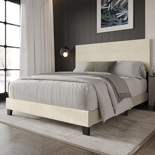 HOME DESIGN Vallejo King Size Upholstered Panel Bed Frame, Velvet Upholstery, Padded Headboard with High-Density Foam, Box Spring Required, Beige