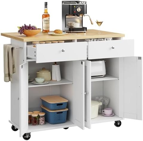 Shintenchi Kitchen Island with Drop Leaf, Rolling Kitchen Cart with Storage on Wheels, Table Bar Cart for Kitchen with Towel Rack & Seating Area for Dining Room, White