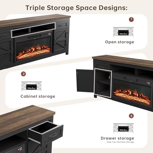 Fireplace TV Stand with Barn Door, 80 inch,Modern Black