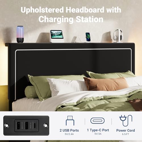 Allewie Queen Lift Up Storage Bed Frame with Charging Station, Black