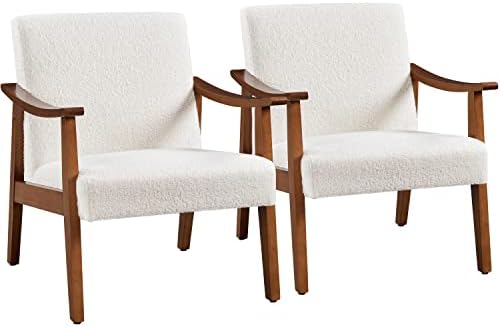 Yaheetech Accent Chairs Set of 2, Mid-Century Boucle Fabric Armchair, Ivory
