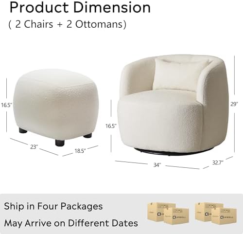 KINWELL 34" Wide 2 Boucle Swivel Barrel Chairs and 2 Ottomans Set, Beige