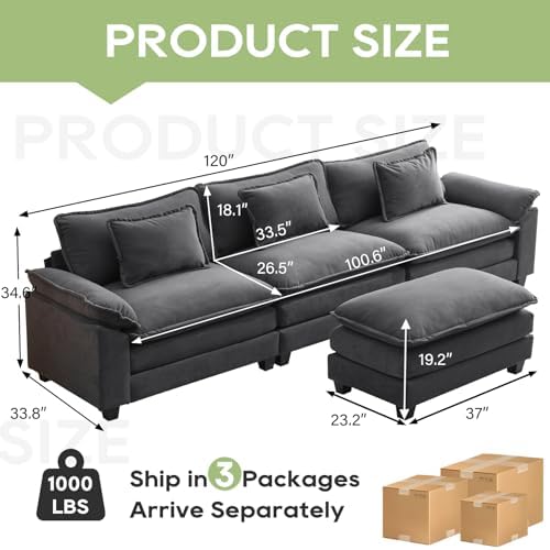 Oprisen 120" Modular Sectional Sofa, Comfy Deep Cloud Couch with Ottoman