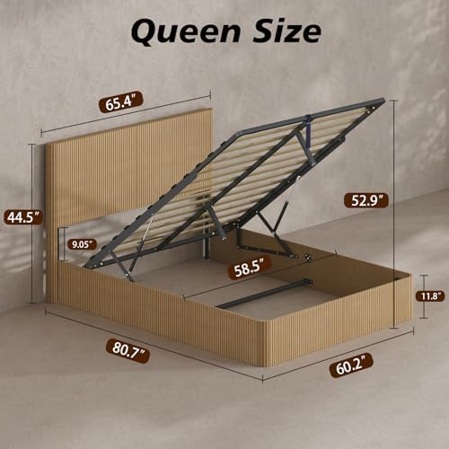VMU Fluted Queen Size Platform Bed Frame with Lift up Storage