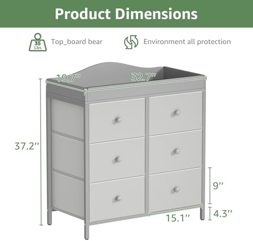 BOLUO Changing Table Dresser with 6 Fabric Drawers, Baby Dresser with Changing Table Top Diaper Changing Station with Storage for Nursery Modern Grey