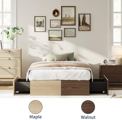 GarveeHome Wood Platform Bed Frame, Twin XL Bed Frame with 2 Drawers
