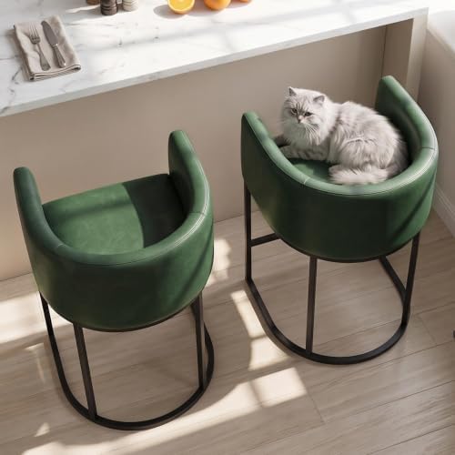26" H Counter Height Bar Stools Set of 4, Modern Barrel Counter Stools with Backrest and Arms, Faux Leather Upholstered Accent Barstools for Kitchen Island,Support 450 LBS (Green)