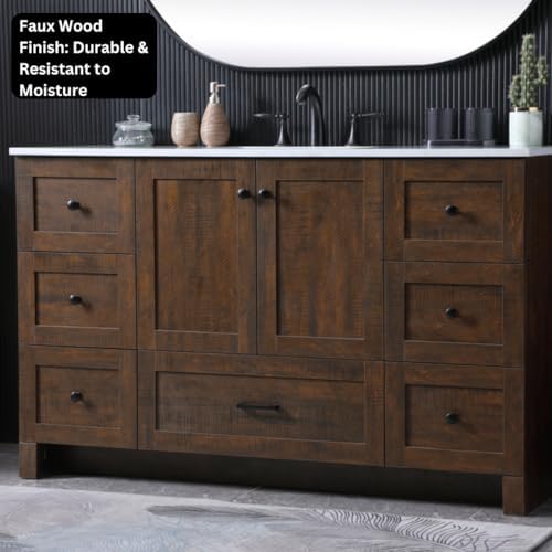 54" Pre-Assembled Bathroom Vanity with Sink, Engineered Wood, Ivory White Engineered Marble Countertop Attached, Single Rectangle Porcelain Sink, 7 Soft-Close Drawers, Expresso