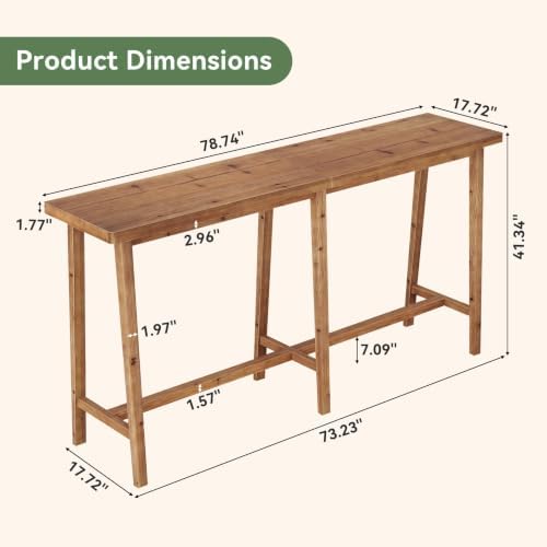 78.7" Solid Wood Bar Table with Footrest, Rustic Brown