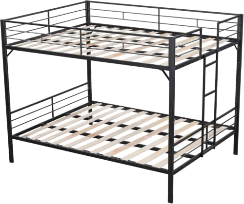 PVWIIK King Over King Metal Bunk Bed with Guardrails,Ladder,Black