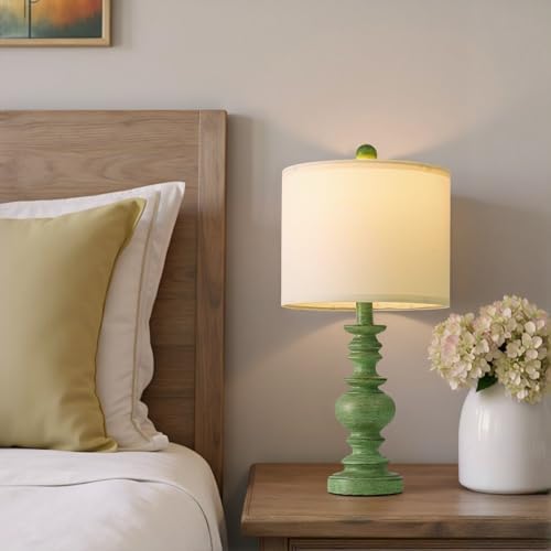 BOBOMOMO 20" Sage Green Table Lamps Set of 2 – Farmhouse Resin Bedside Lamps with Linen Shades, Handcrafted Traditional Rustic Lamp for Bedroom, Living Room, or Corner – Ideal for Small Spaces