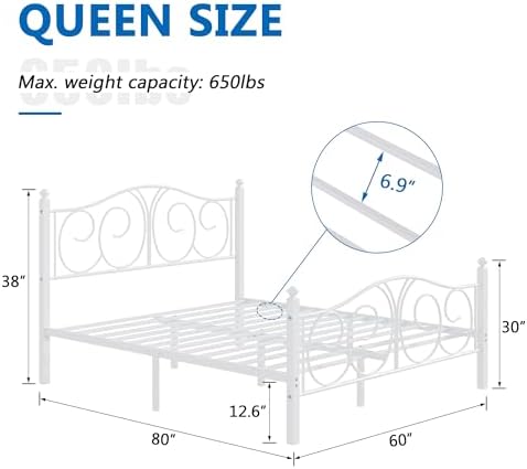 VECELO Queen Size Metal Platform Bed Frame with headboard and Footboard, Heavy Duty Mattress Foundation, Steel Slat Support, No Box Spring Needed, Easy Assembly, Pure White