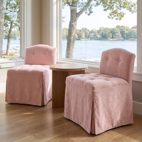 Pink Chenille Makeup Vanity Chair with Back & Wheels