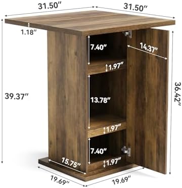 LITTLE TREE Bar Table with Storage Cabinet, 39.4" H Square High Top Pub Table, Wood Bistro Cocktail Table, Farmhouse Design with 3-Tier Cabinet for Pub, Bistro, Bar, Coffee, Dining Rustic Brown