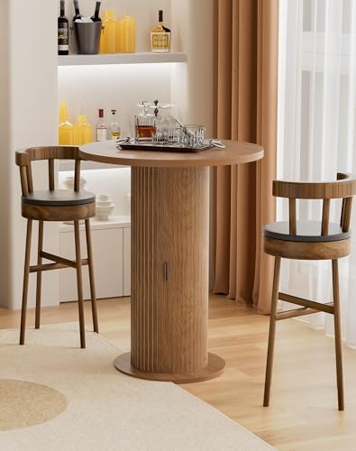 Bar Table with Storage and Sliding Door, 39.4” H 31.5” W Small Round Kitchen Table, Home Bar High Top Cocktail Table for Kitchen, Coffee Bar, Living Room, Walnut