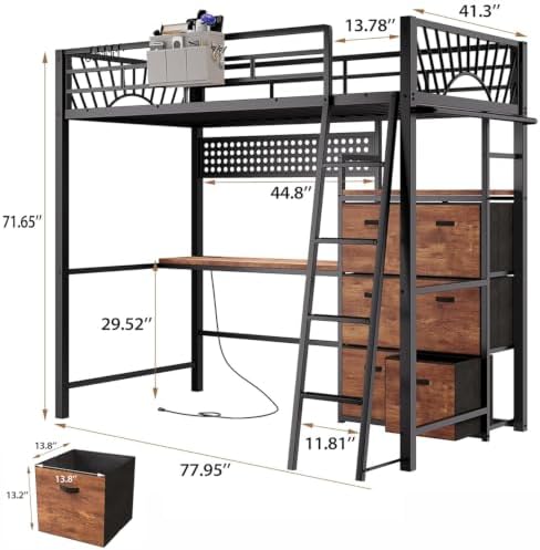 Decofy Twin Loft Bed with Desk and 6 Storage Drawers, Metal Loft Bed Twin Size with Charging Station & LED Lights, Bed Frame with Hanging Rod, Safety Ladder & Guardrail, Bedside Caddy for Kids, Teens