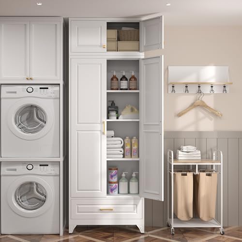 SteeLoong 90" Metal Storage Cabinet with Doors and 3 Adjustable Shelves | Kitchen Pantry Cabinet with 3 Drawers,White Kitchen Cabinet with 4 Gold Handles,Food Cupboard for Livingroom,Pantry, Bathroom
