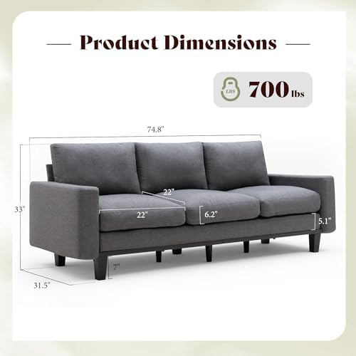 AMERLIFE 3 Seater Sofa, Deep Seat Couch with Metal Support, Linen Gray