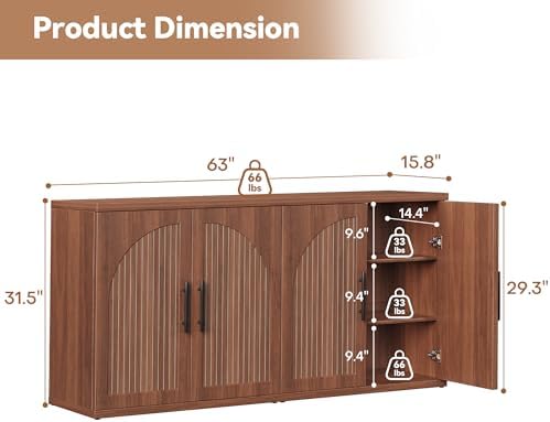 MapleGrace 63" Fluted Buffet Cabinet, Walnut Credenza with Adjustable Shelf