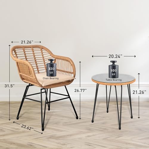 3 Piece Outdoor Wicker Furniture Bistro Set, Rattan Chairs Conversation Sets Wicker Patio Furniture for Balcony Poolside Backyard, Beige