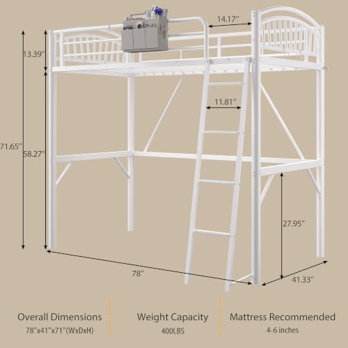 Decofy Metal Loft Bed Twin Size, Heavy Duty Loft Bed with Bedside Caddy, EVA Anti-Slip Ladder with Sturdy Guardrails, Space-Saving Twin Size Loft Bed for Teens & Adults for Bedroom Dorm (White)