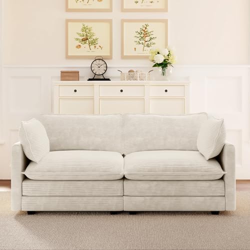 ROWHY 78'' Sectional 2 Seat Cloud Loveseat with 2 Throw Pillows, Modern Corduroy Love Seat, Cozy Sofa for Living Room, Office and Bedroom, Beige