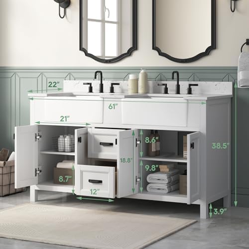 60 Inch Bathroom Vanity with Double Sink, Solid Wood, White | Farmhouse Pre Assembled Vanity Bathroom with Soft Closing Doors, Vanity for Bathroom, Apron Farm Sink