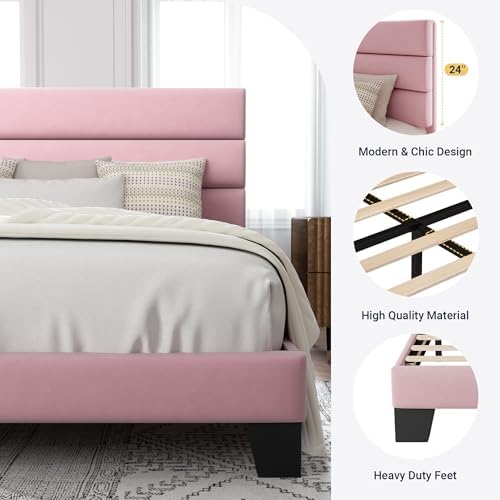 Allewie Full Size Platform Bed Frame with Velvet Upholstered Headboard Pink